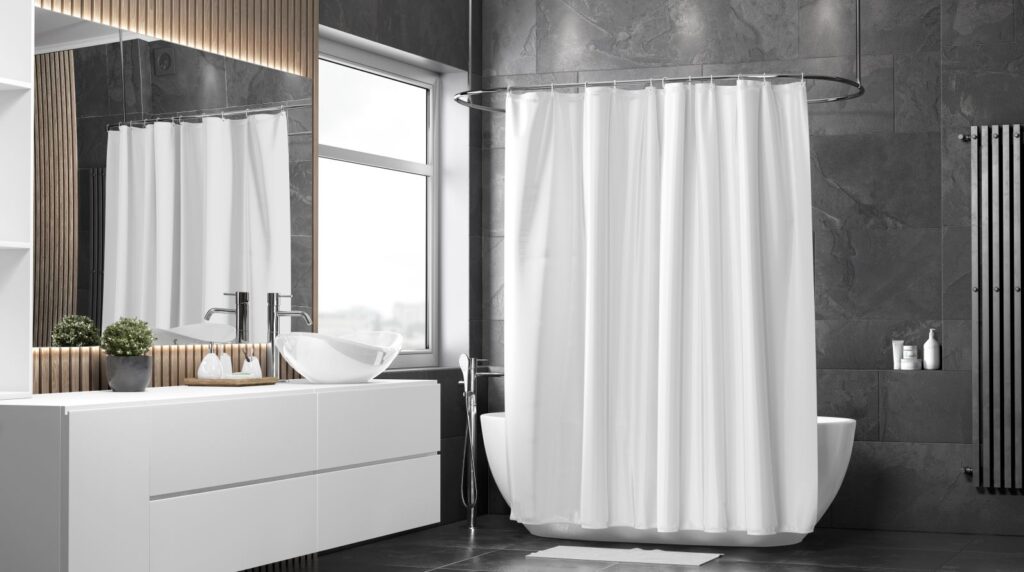 Blank white closed shower curtain mockup, half-turned view, 3d rendering. Empty liner shade in bathroom interior mock up. Clear waterproof polyester cover with buttonholes for bath decor template.